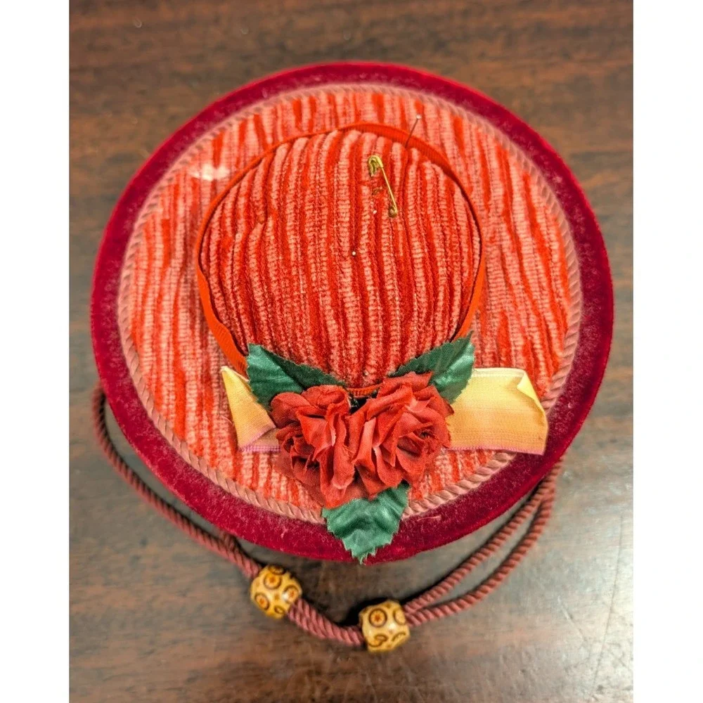 Vintage Style Hat Shaped Sewing Basket Red Velvet Corduroy Rose Trim w/ Notions